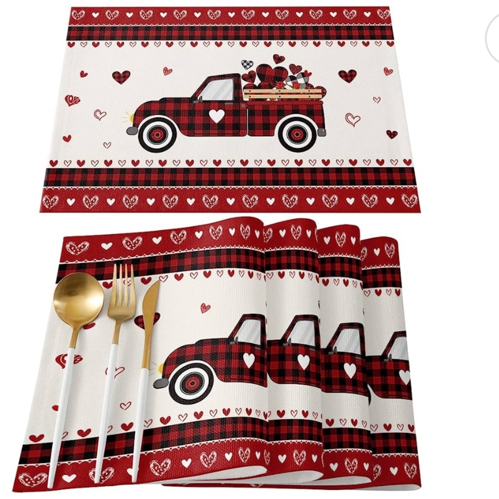 Table Runner Vintage Heart Shape Red Truck Placemats Sets for Dining Tab…